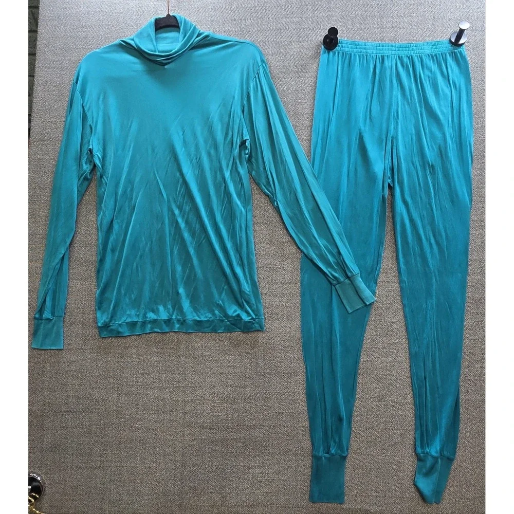 Vintage Gander Mountain 100% Silk Base Layer Set M Turquoise Turtleneck Long Joh